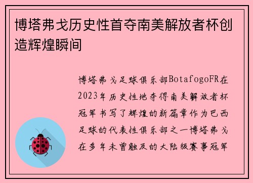博塔弗戈历史性首夺南美解放者杯创造辉煌瞬间 博塔弗戈历史性首夺南美解放者杯创造辉煌瞬间